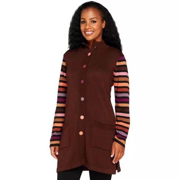 BOB MACKIE Women’s 1X Rainbow Stripe Sleeve Long Button Sweater Jacket Brown NEW - Picture 1 of 16